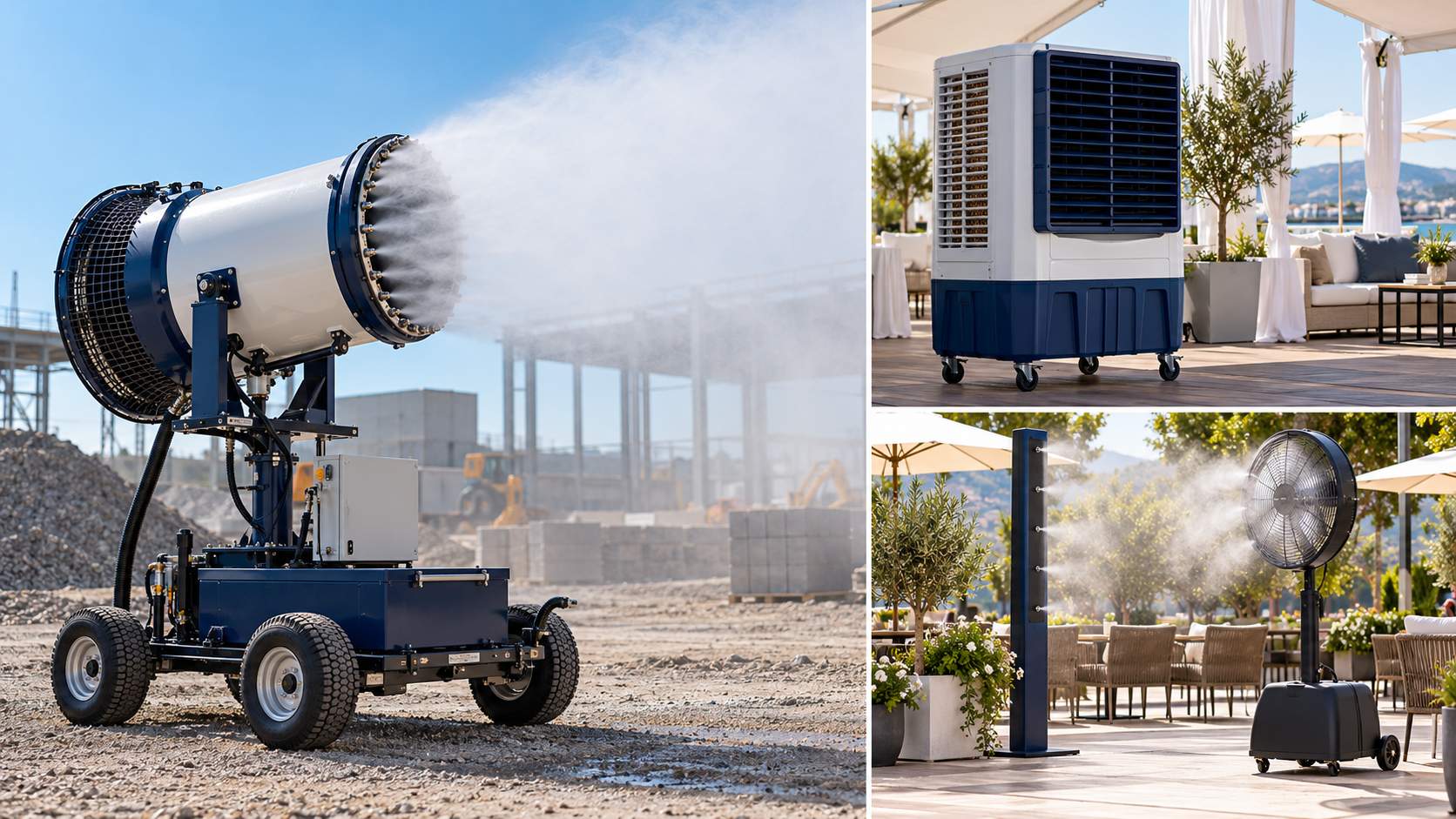 mistec-rental-equipment-hero AI illustration of a mobile fog cannon, evaporative cooler, misting fan and outdoor misting totem